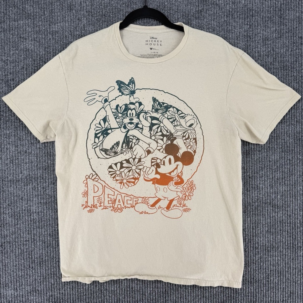 Disney Mickey Mouse Goofy Donald peace floral graphic tee cream size Large